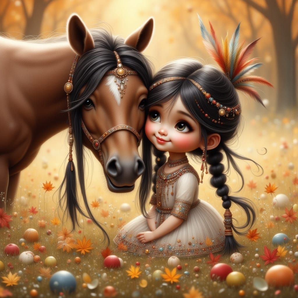 Native American Girl Hugging Pony in Watercolor Style