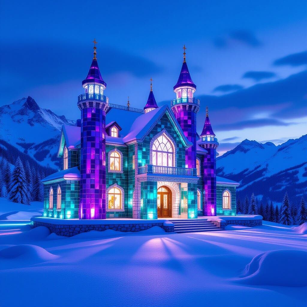 Majestic Gemstone House in Snowy Twilight