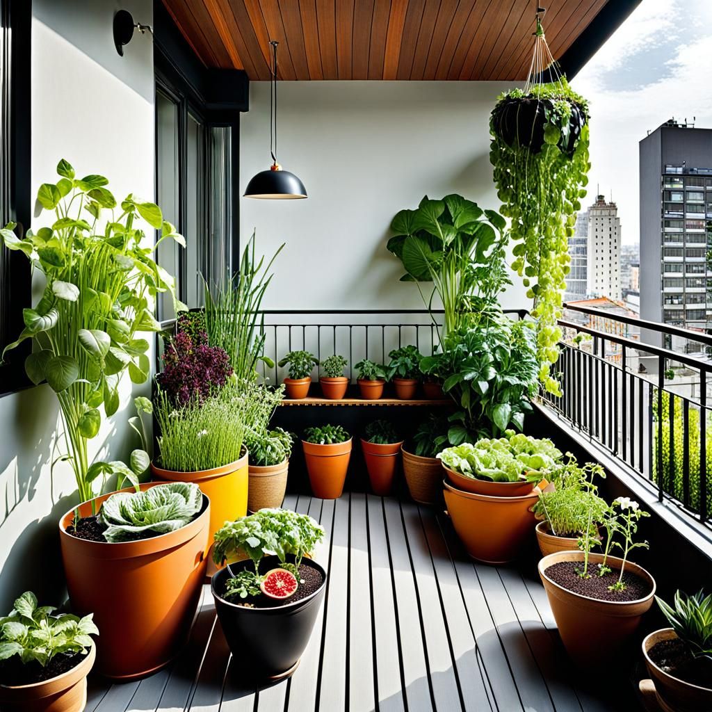 Lush Urban Balcony Garden with Fruits and Flowers
