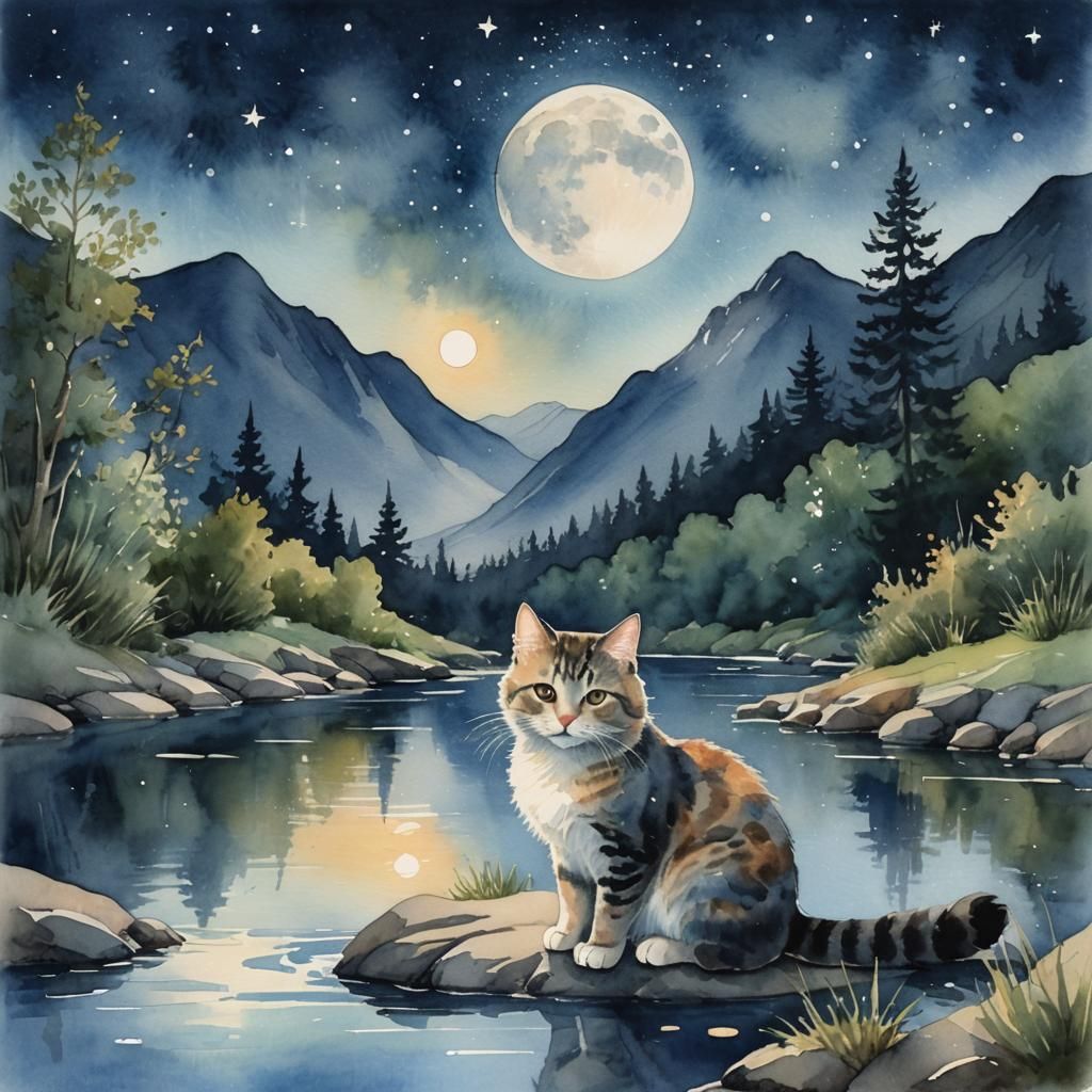 Cat by Moonlit River: Ethereal Watercolor Painting