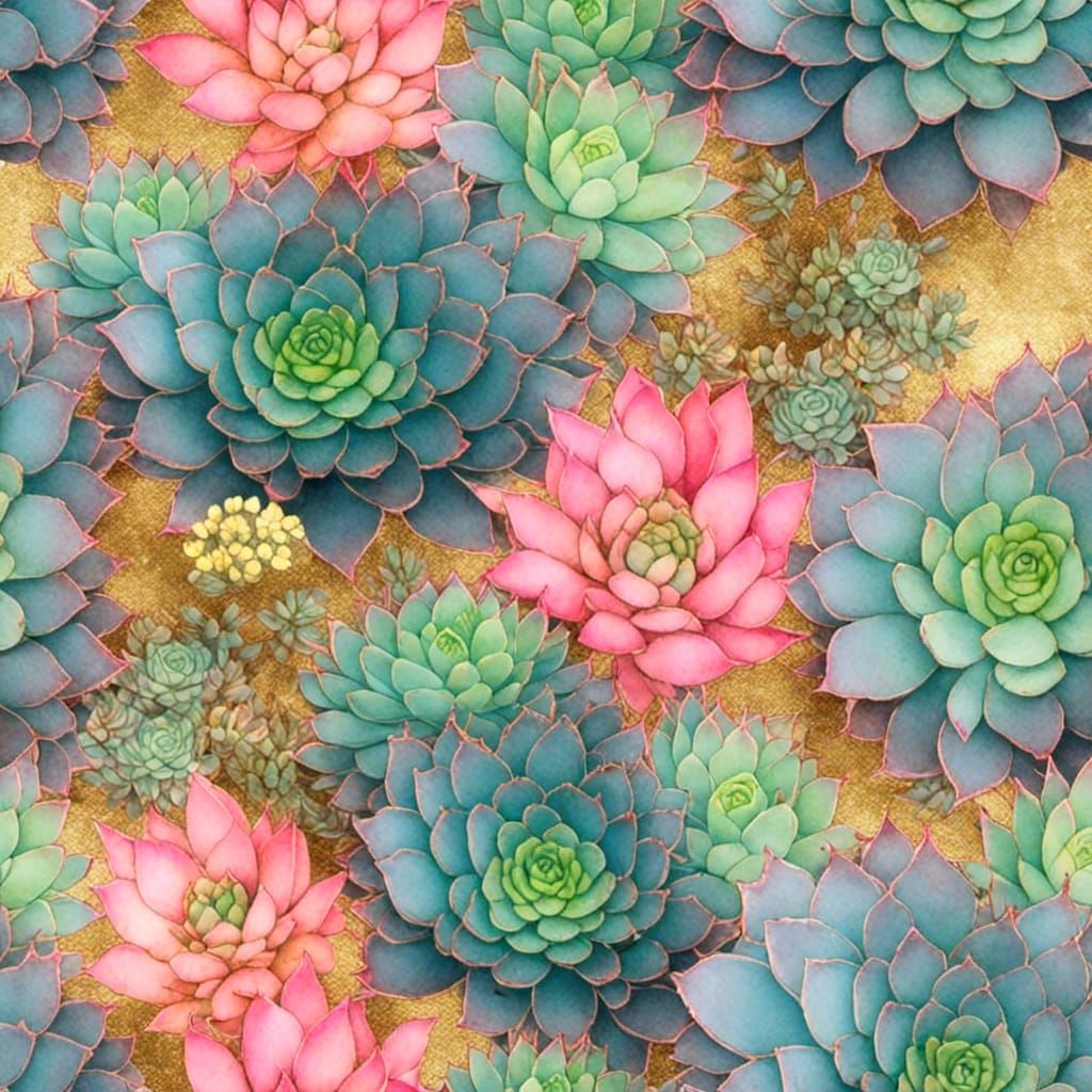 Colorful Succulents with Gold Outlines in Watercolor Style