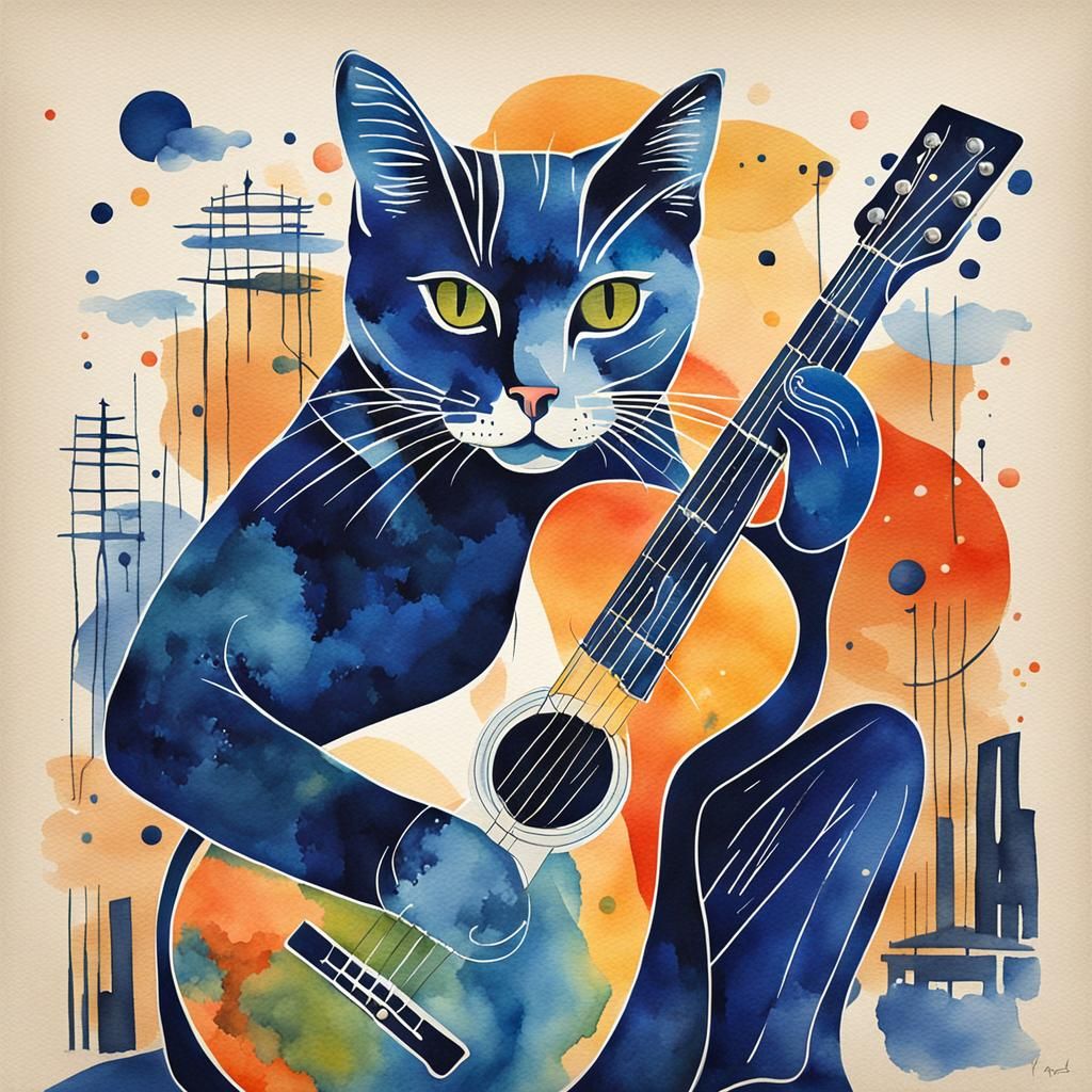 Cat Plays Guitar in Graphic Design Watercolor