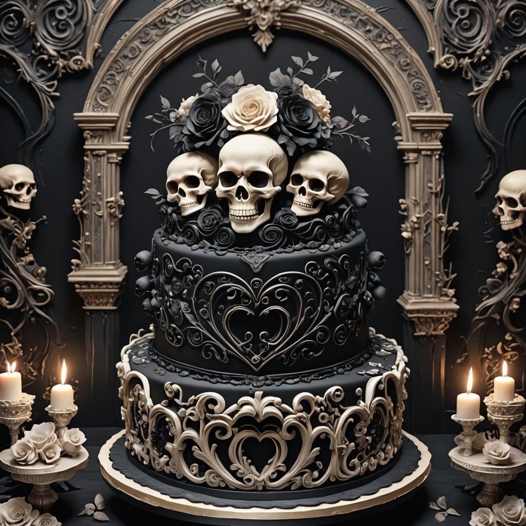 Heart Cake with Skulls in Surreal 3D Rendering