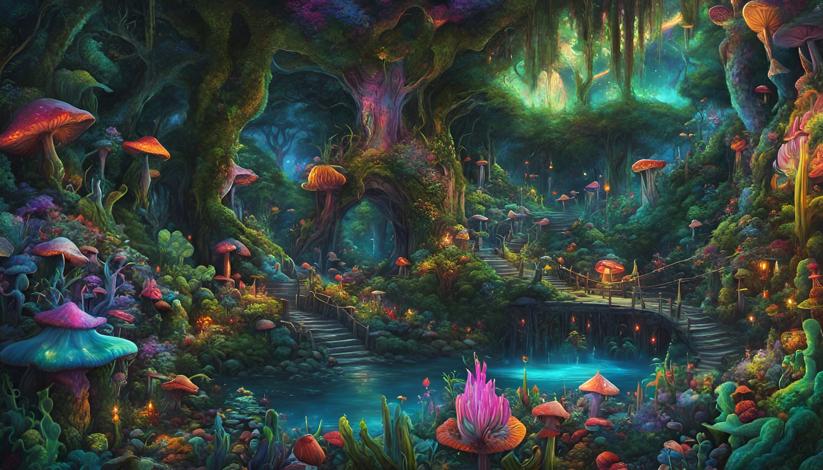Psychedelic Jungle Wonderland with Trippy Mushrooms