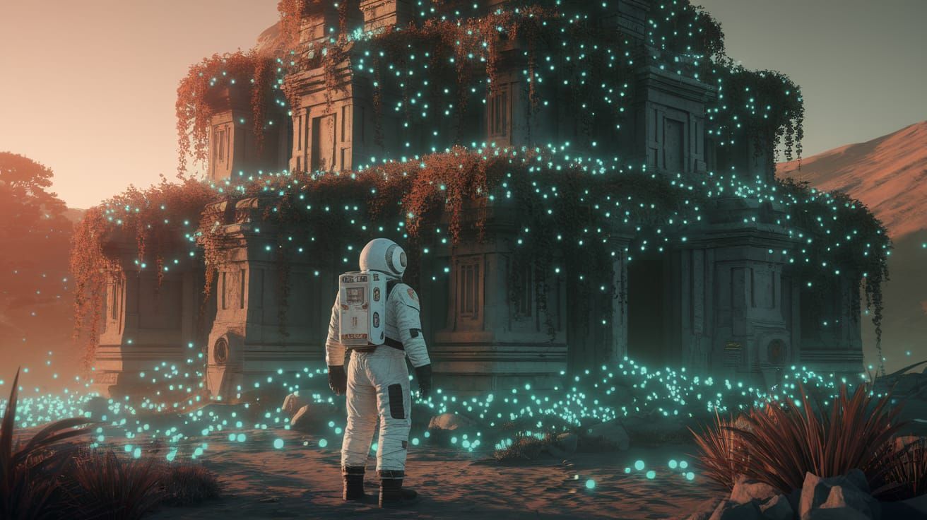 Astronaut and Ancient Temple on Alien World