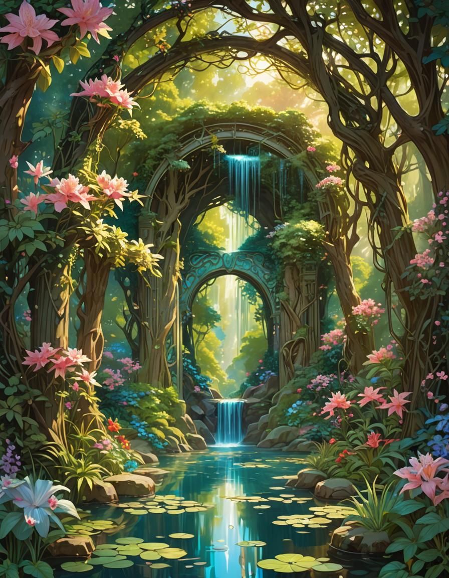 Enchanted Fairy Portal to Magical Pond in Art Nouveau Style