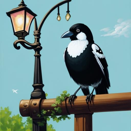 Magpie's Song: A Gouache Painting on Street Lamp