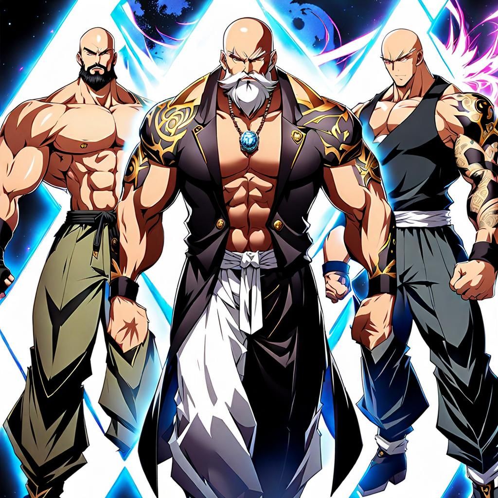 Muscular Tattooed Bald Man in Anime Style