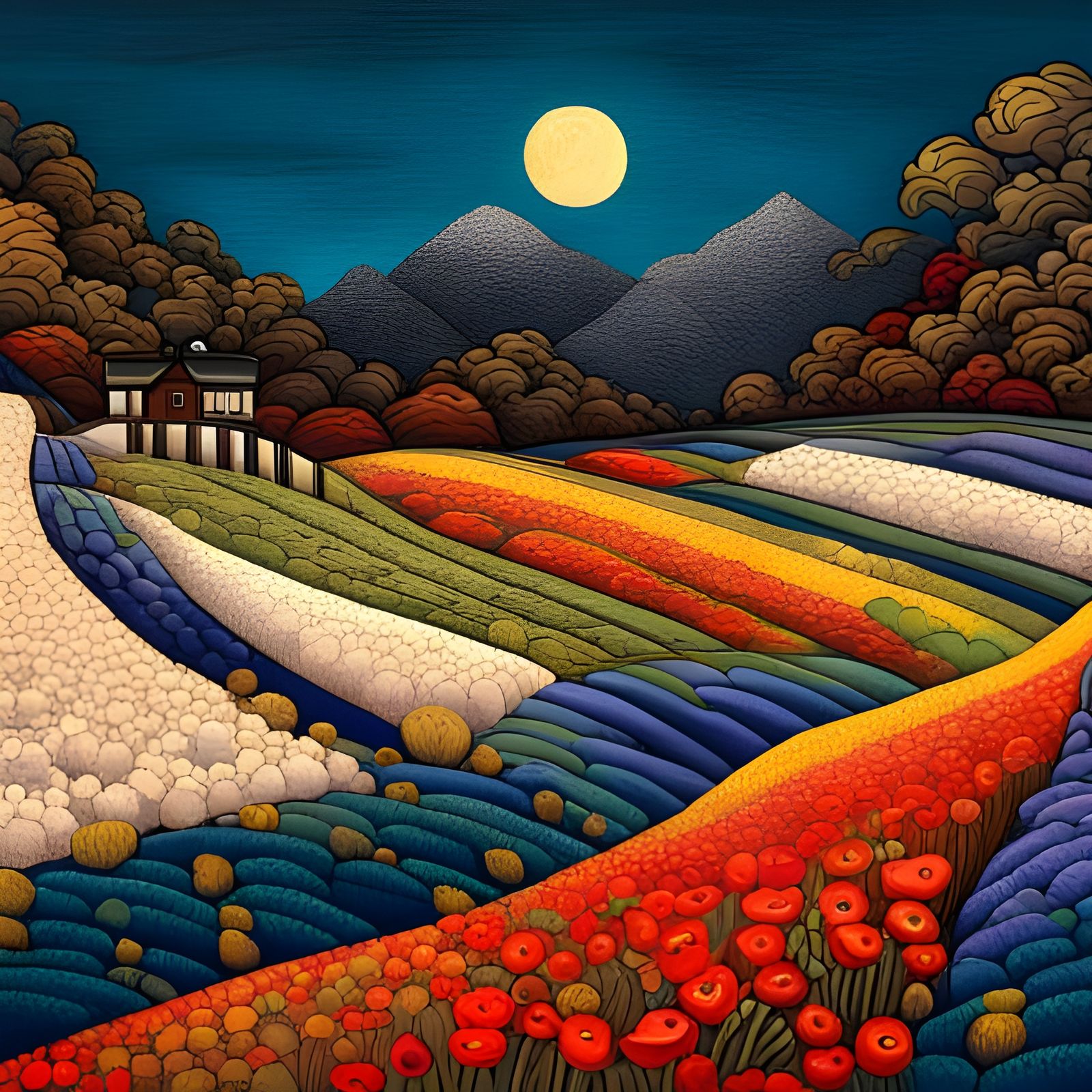 Poppy Fields in Japan: Neo-Impressionist Ukiyo-e Paper Art