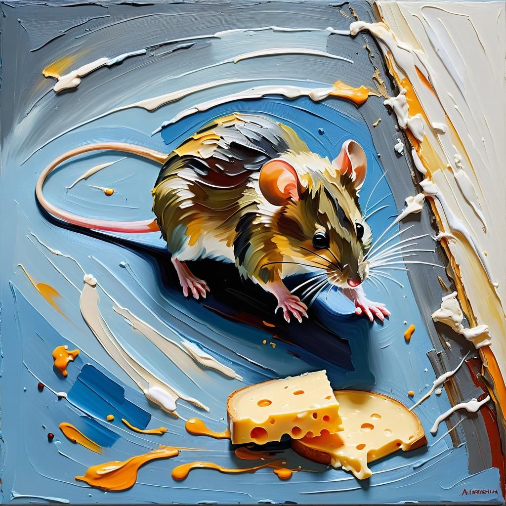 Mouse Drags Cheese: Impasto Oil Painting