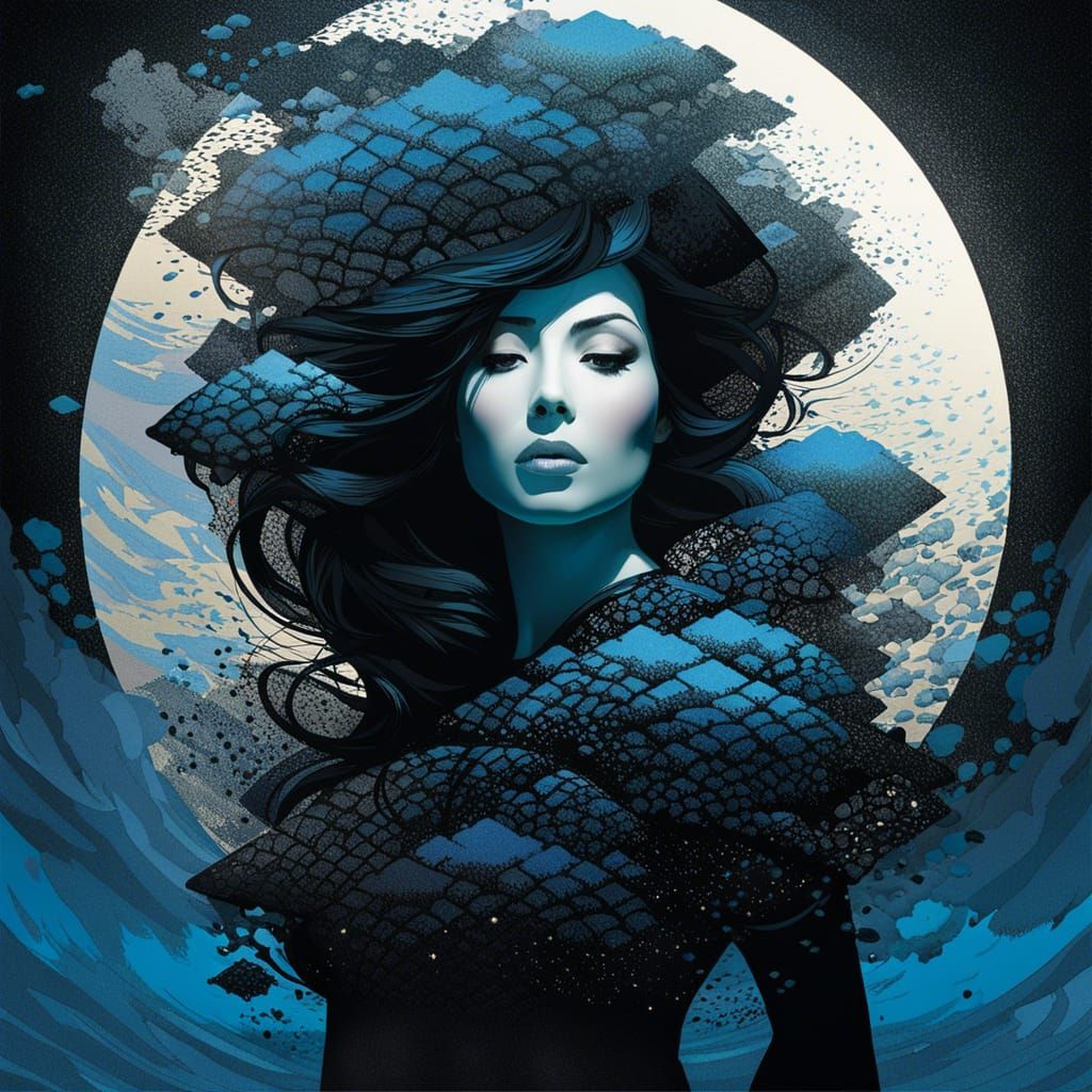 Icy Red-Eyed Ariel Pin-Up in Surreal Double Exposure