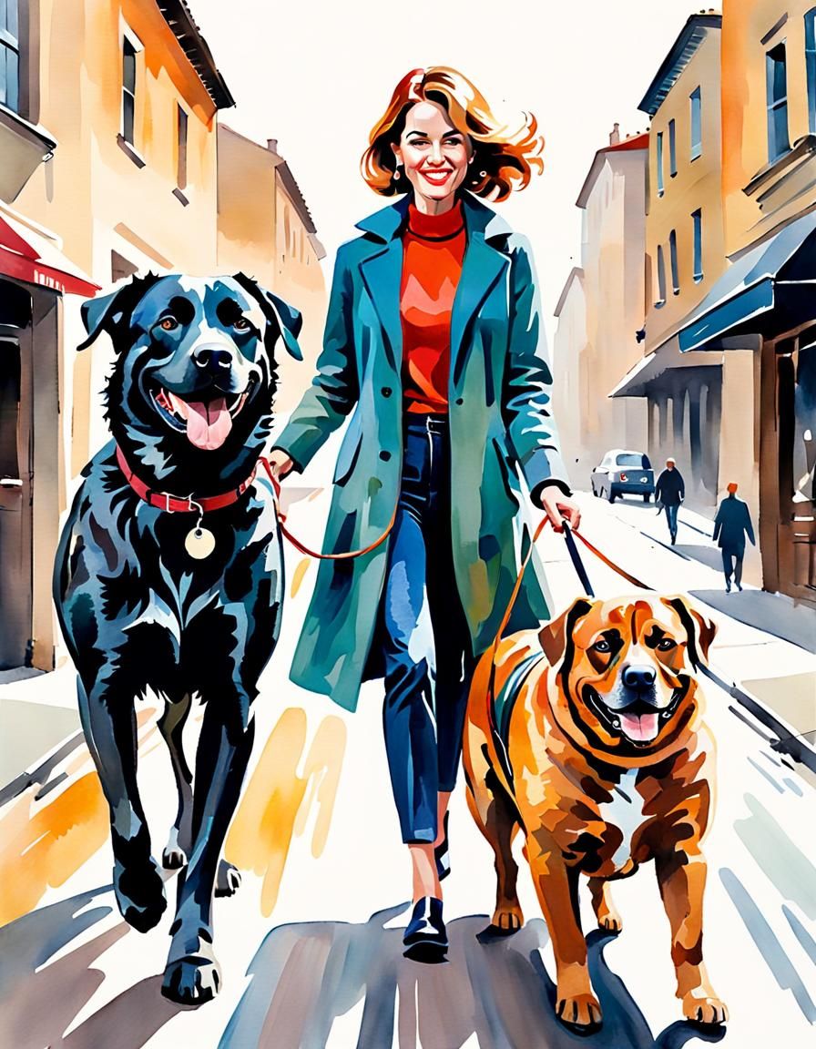 Expressionist Watercolor of Woman Walking Dog