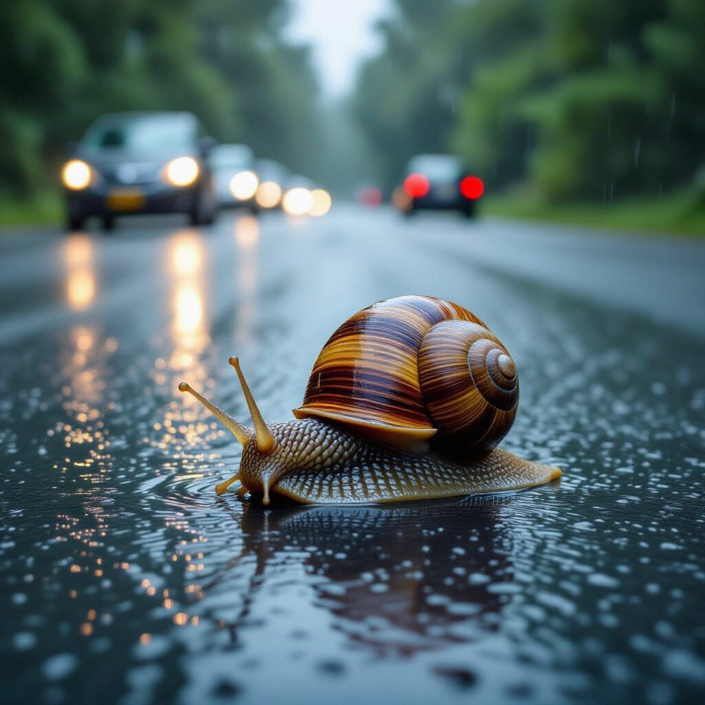 Snail's Journey on a Rainy Road