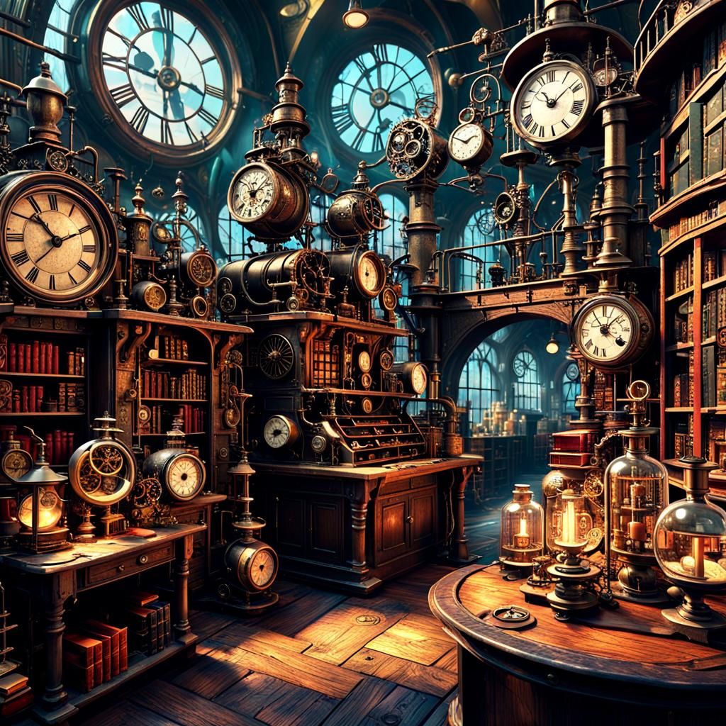 Steampunk Clockmaker's Colorful Fantasy Laboratory
