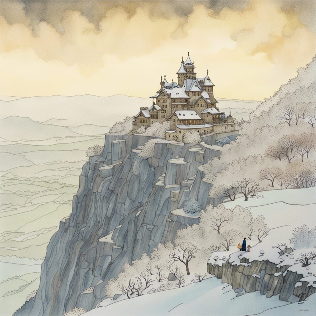 Castle Over Ravine: Ink Wash Painting in Winter