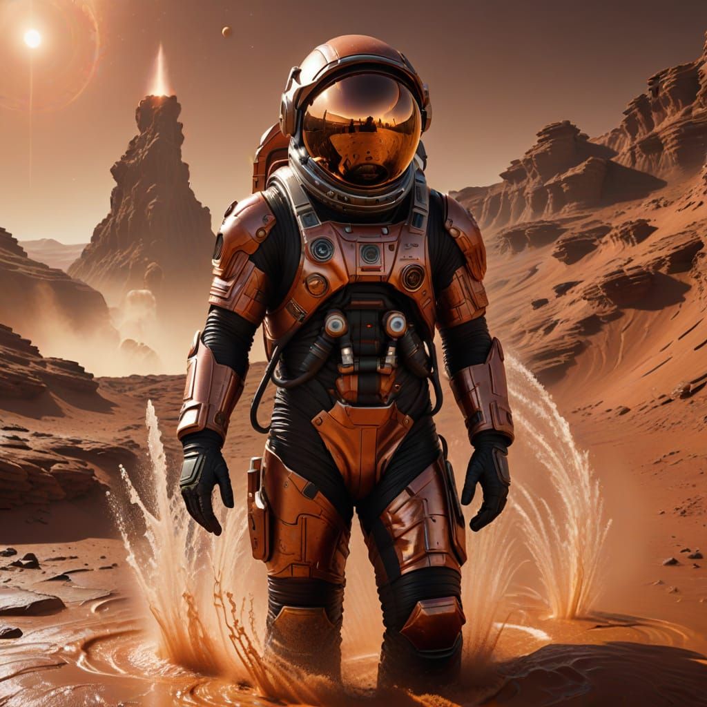 Martian Astronaut Inspects Fountain on Mars