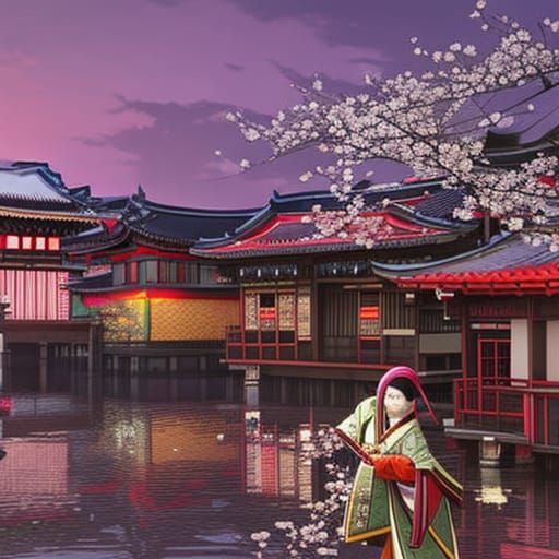 (((Old Edo town))), cherry blossom viewing, plum trees, geishas, city in the background, ukiyo-e, woodblock, prismatic, ...