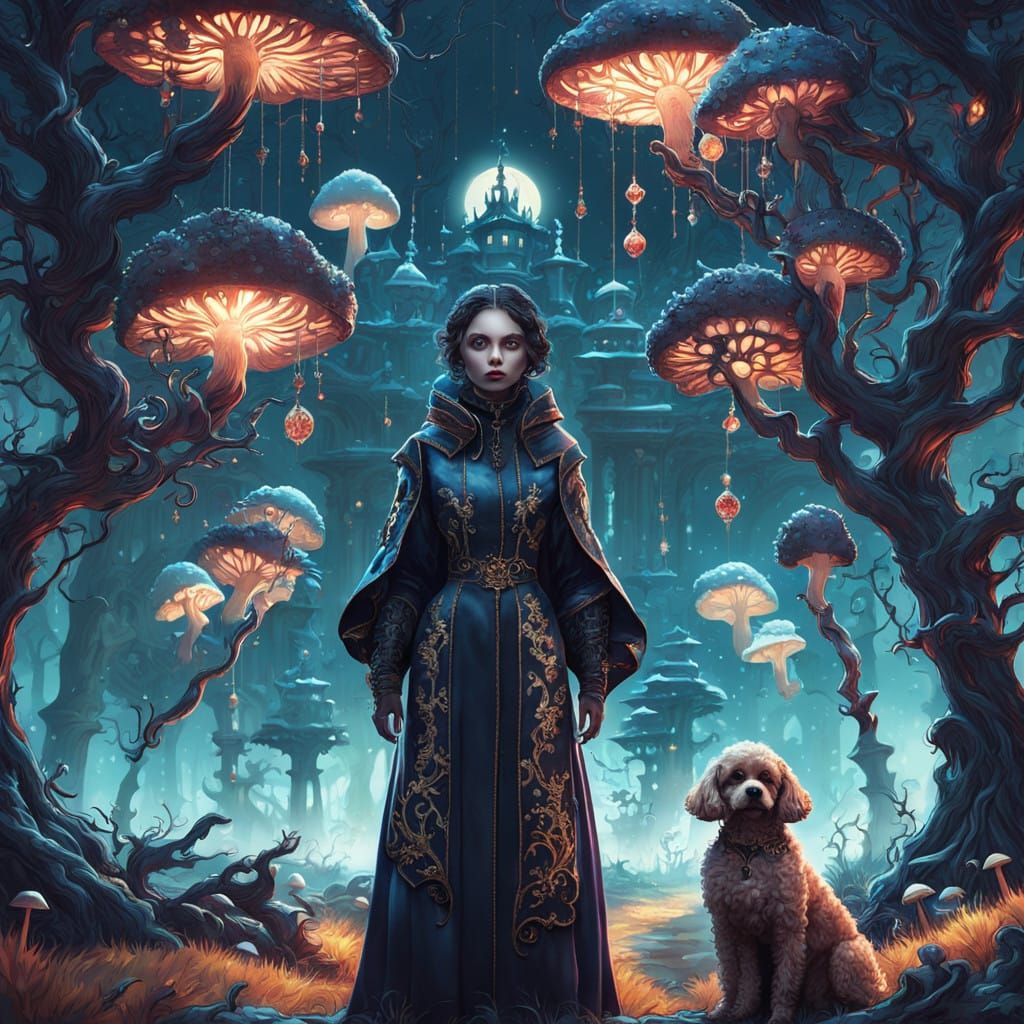 Regal Vampire Goddess with Loyal Canine Companion in Dark Fa...