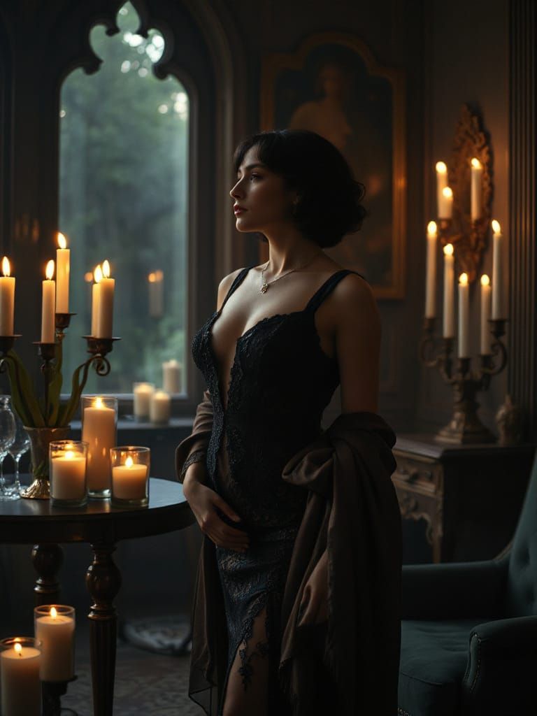 Woman in Romantic Fantasy, Dark Luxurious Room