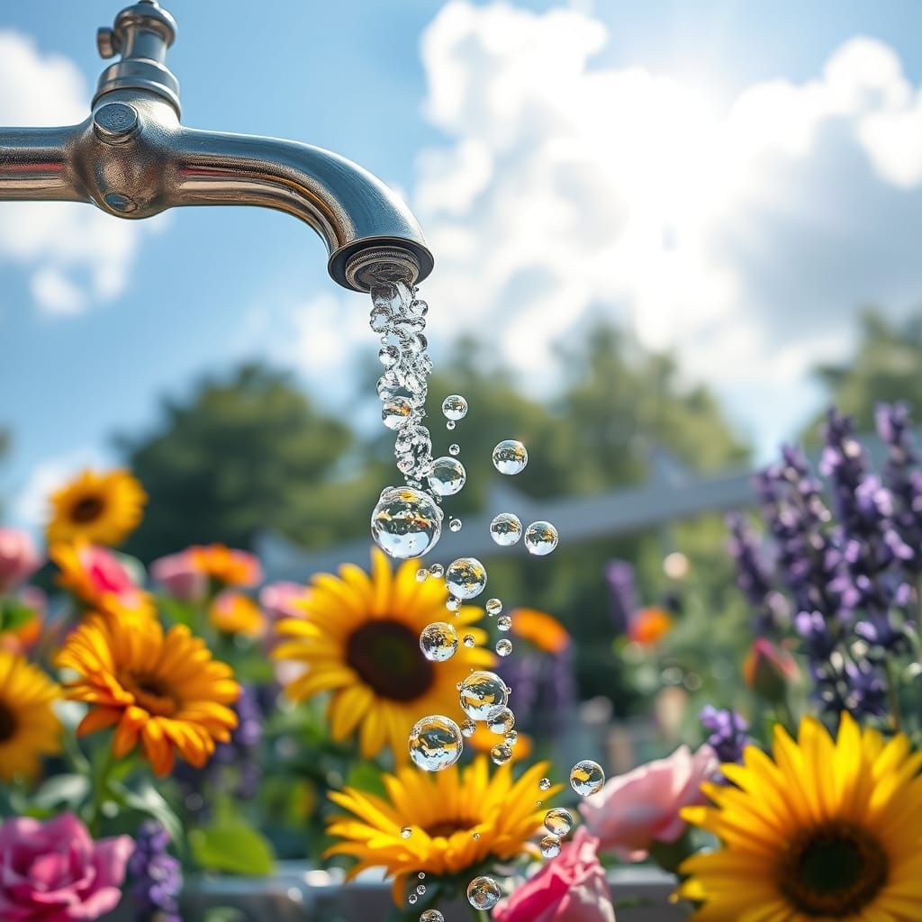 Faucet Releasing Air Bubbles in a Sunny Garden
