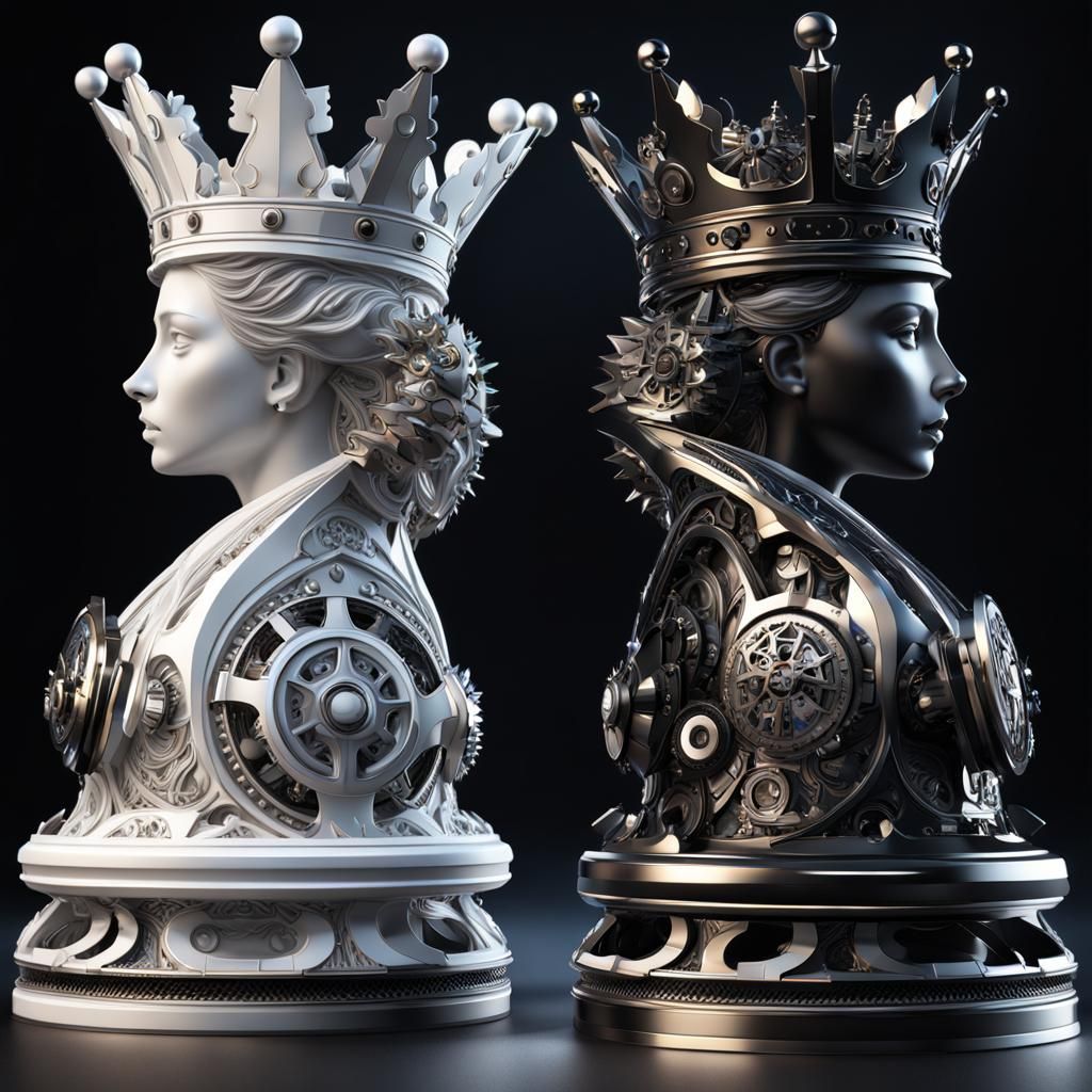 Futuristic Chess Queens with Intricate Crown Details