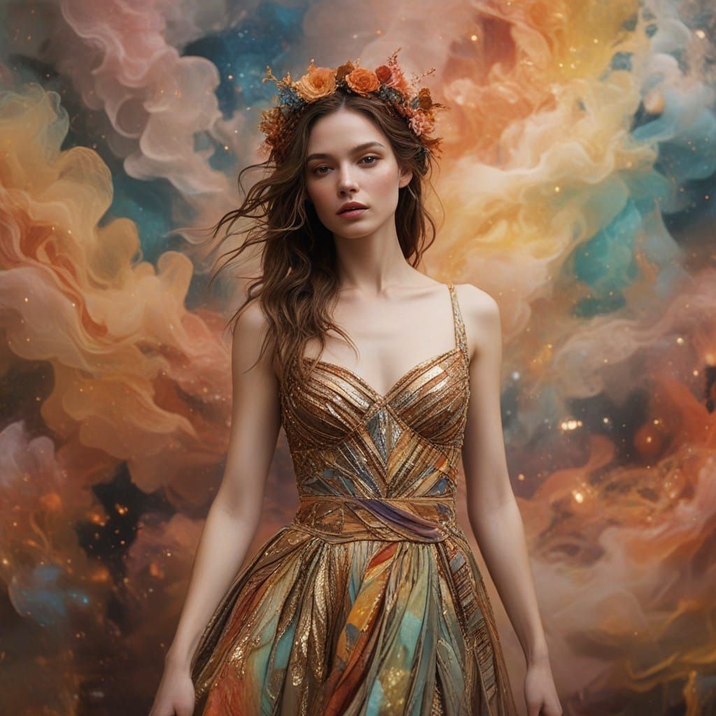 Maiden in Dreamy, Whimsical Atmosphere with Iridescent Color...