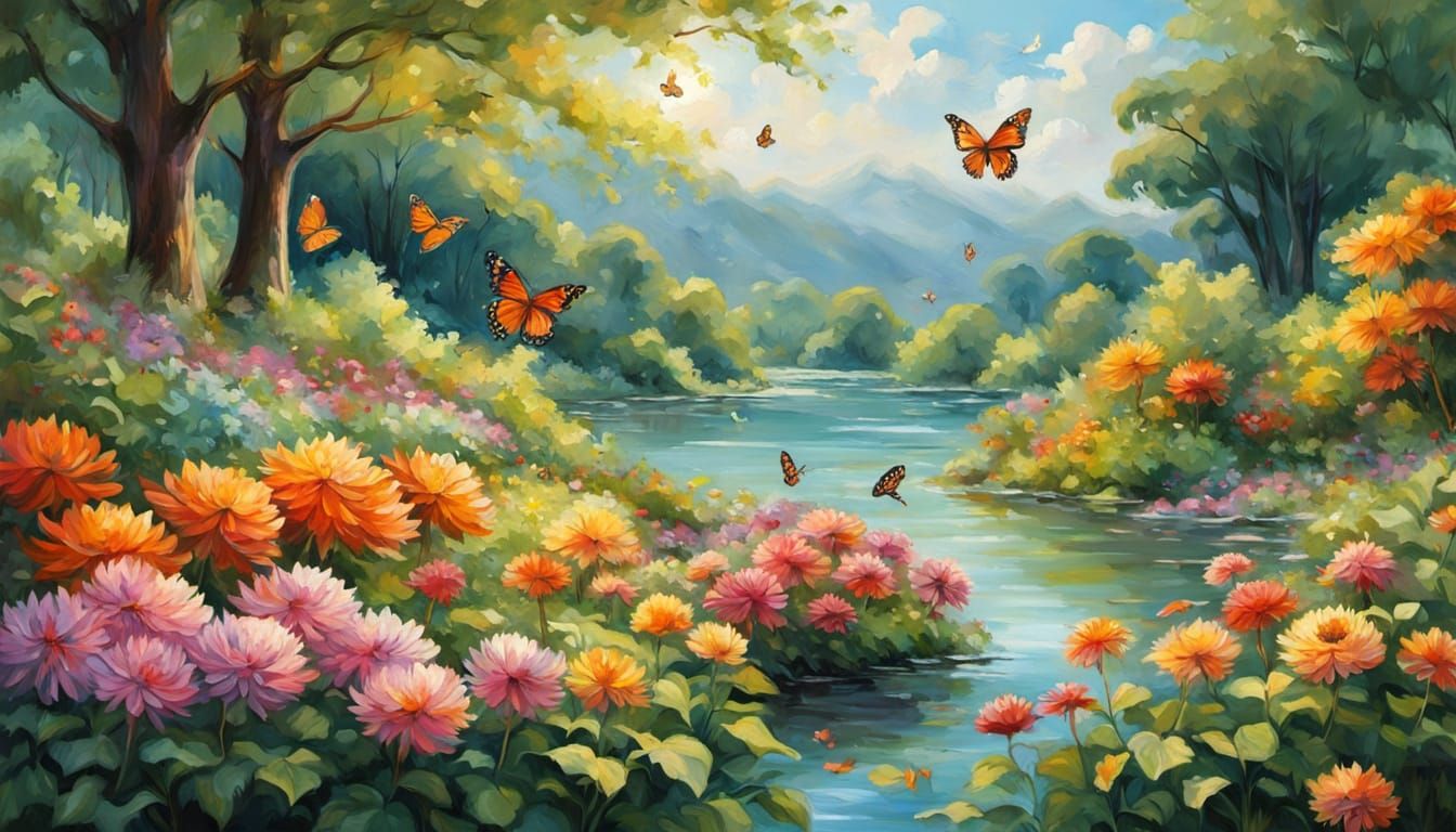 Impressionist Garden with Dahlias, Butterflies and Birds