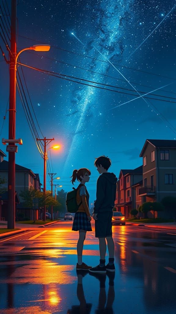 An anime-style romantic evening scene featuring a teenage boy and girl standing under a glowing orange streetlight on a ...