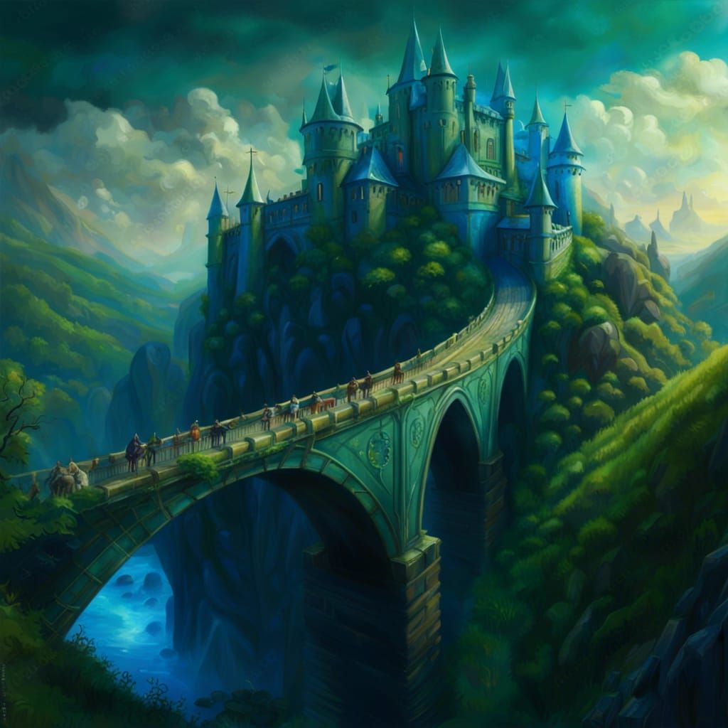 Fantasy Blue Castle and Bridge in Digital Painting