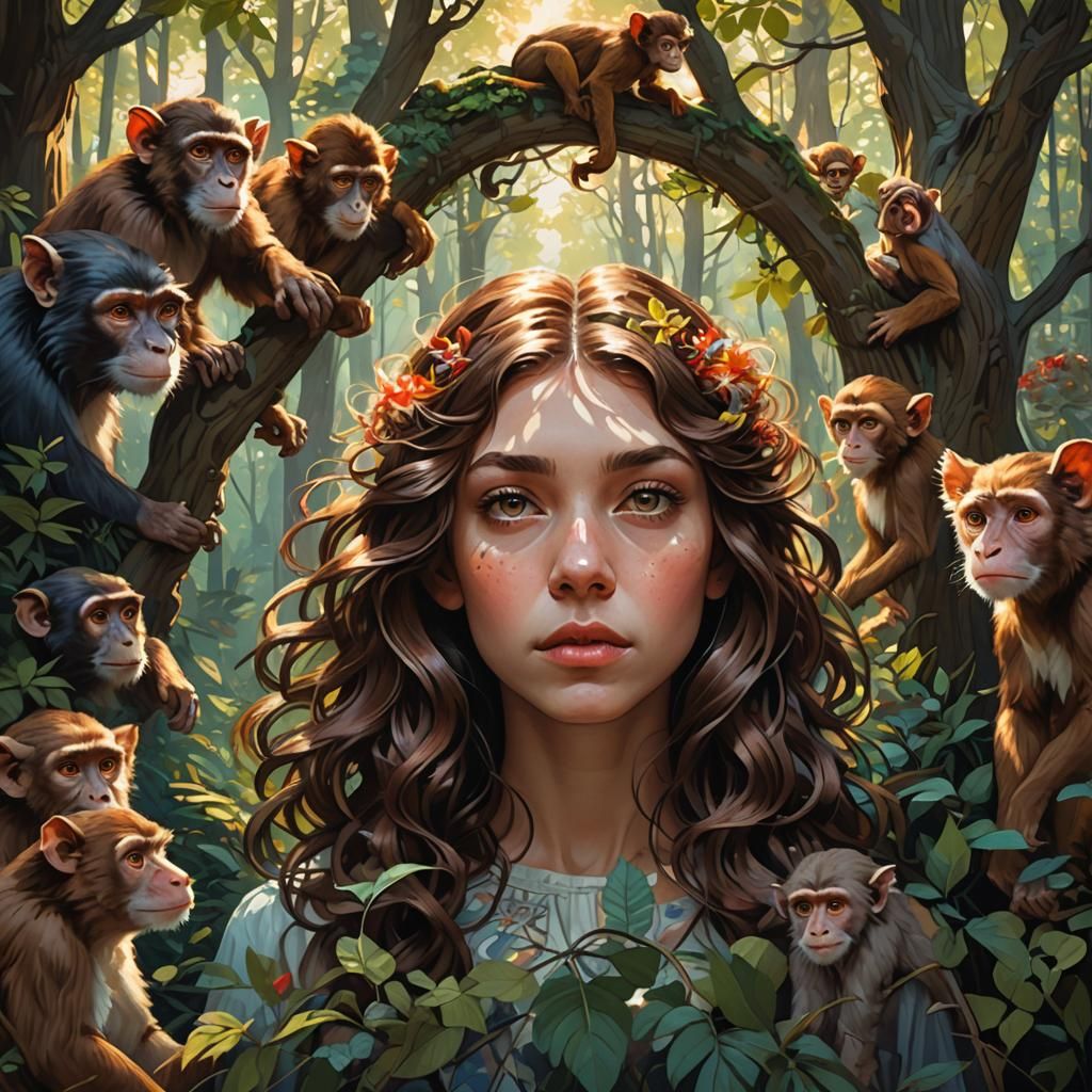 Girl with Monkeys: Digital Art Inspired by Mucha