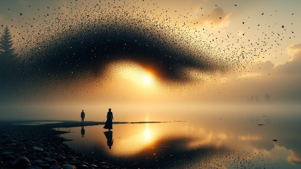 Starling Murmuration Over Misty Lake, Dreamshaper Style