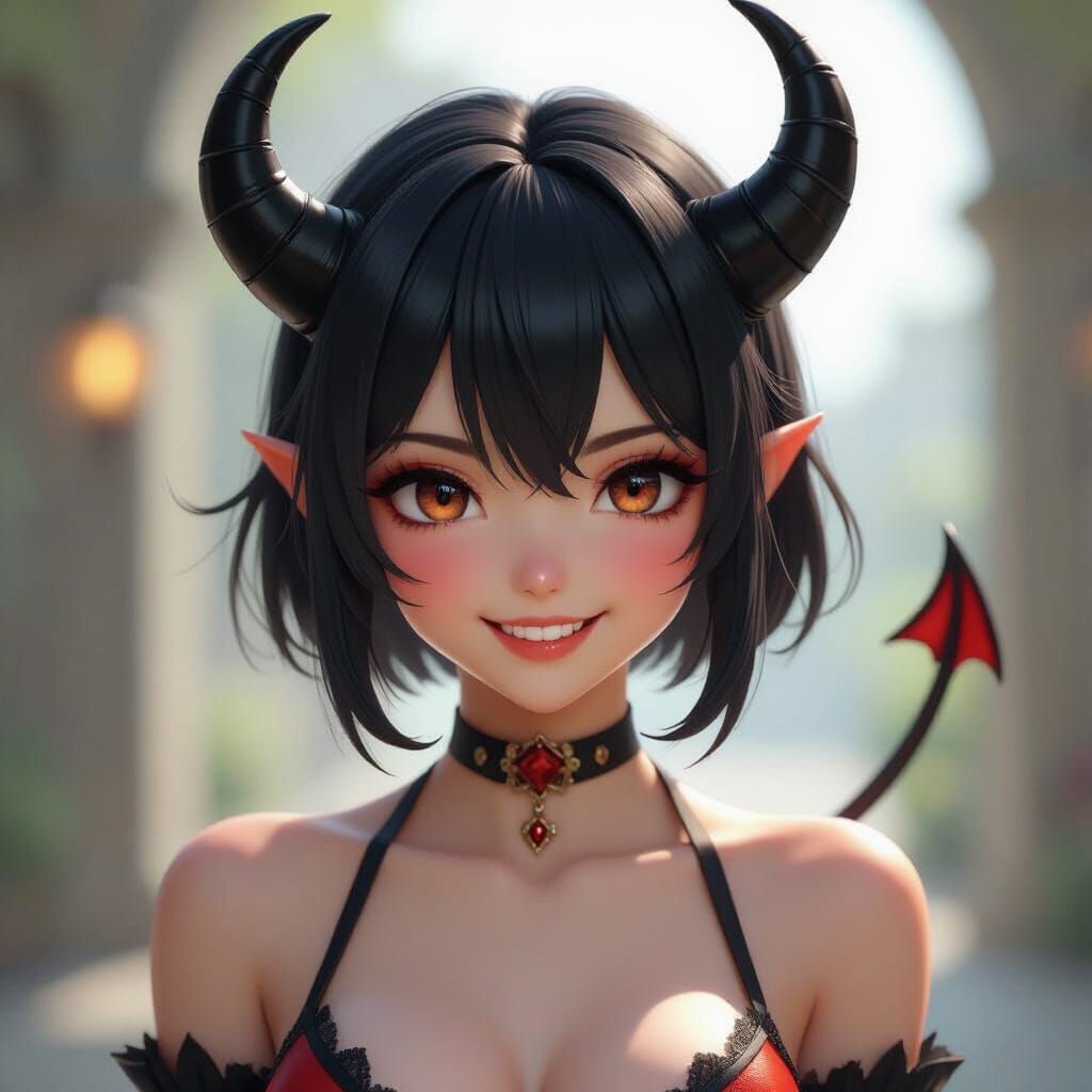 Anime Girl with Horns Grinning in 3D Render Style