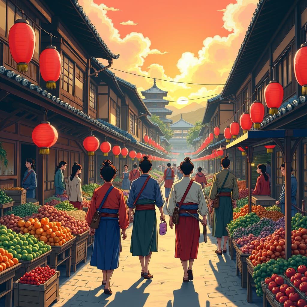 Anime Food Market Scene with Hidden Demon