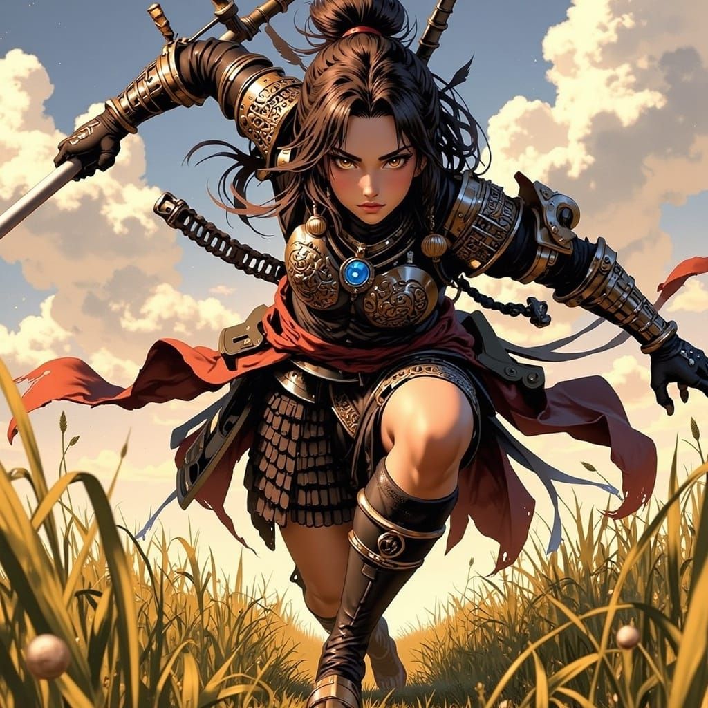 Imposing Female Samurai Warrior Charging with Spear