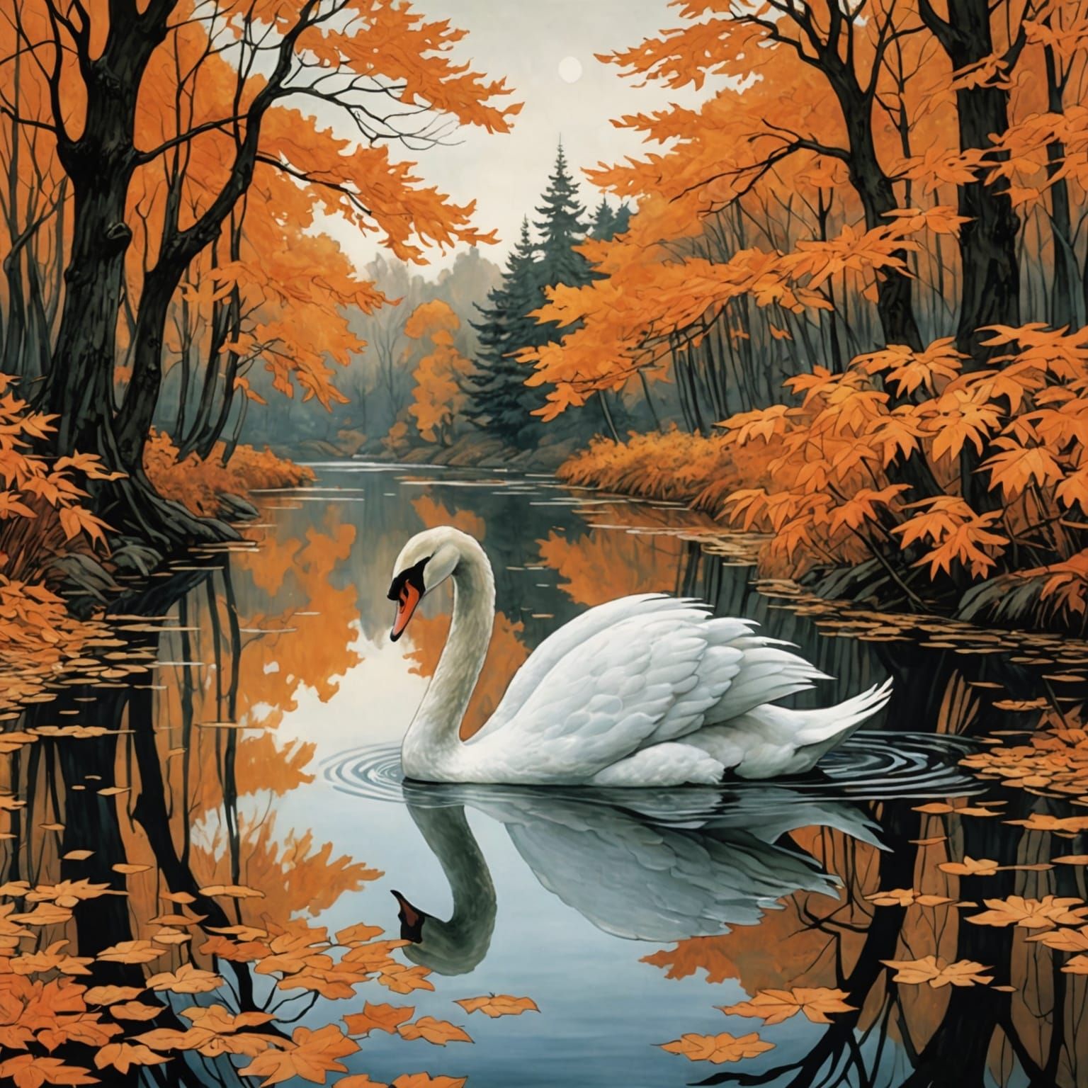 Swan in Pond Reflecting Autumn Colors, Anime Style