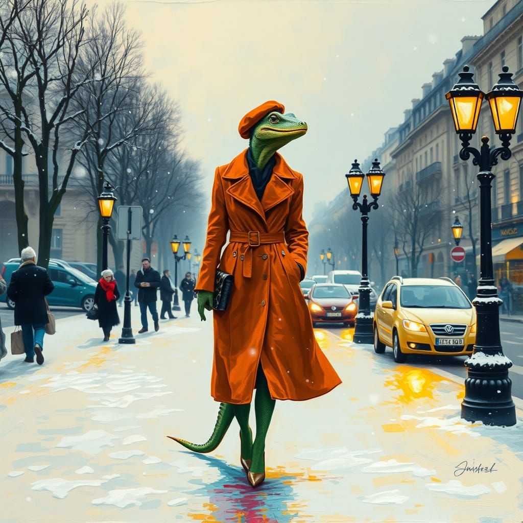 Reptilian Woman Strolls Parisian Streets in Expressionist St...