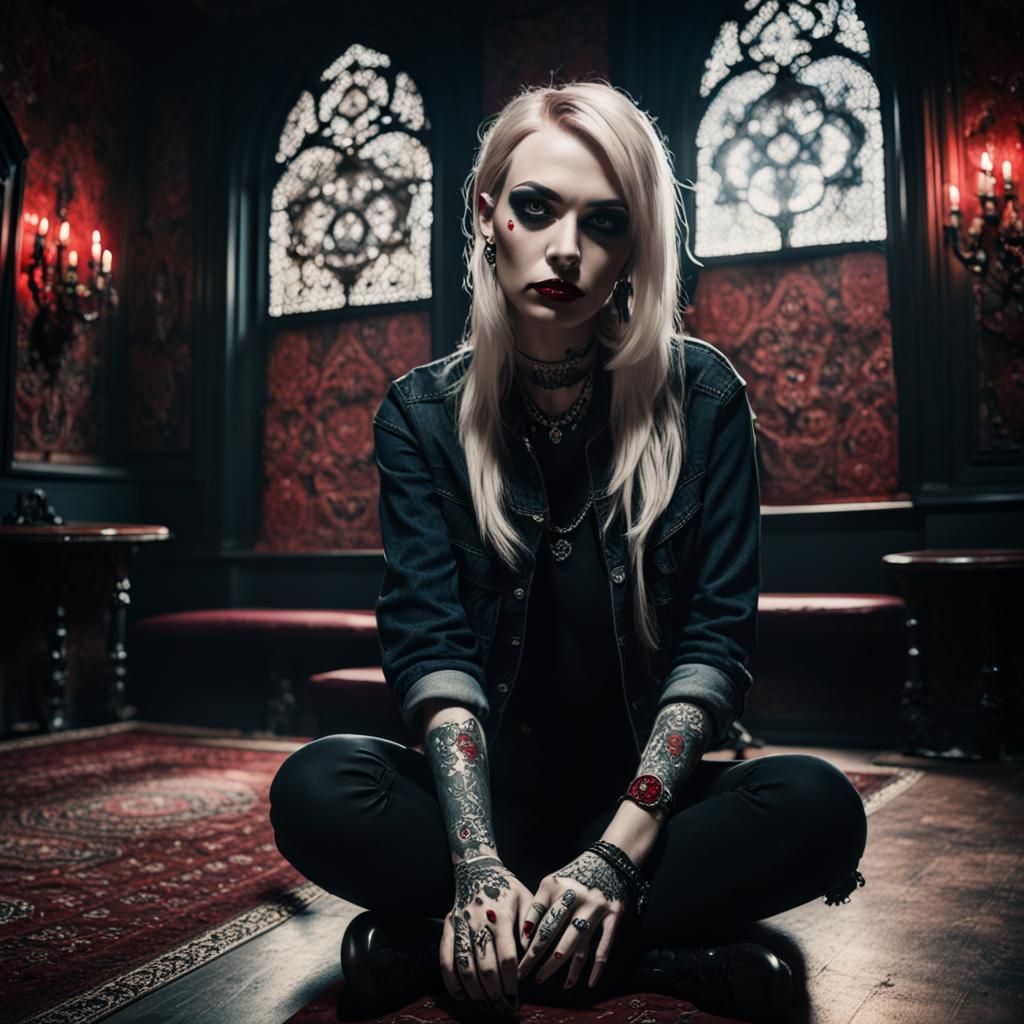 Mysterious Blonde Gothic Beauty in Dark, Ornate Chamber
