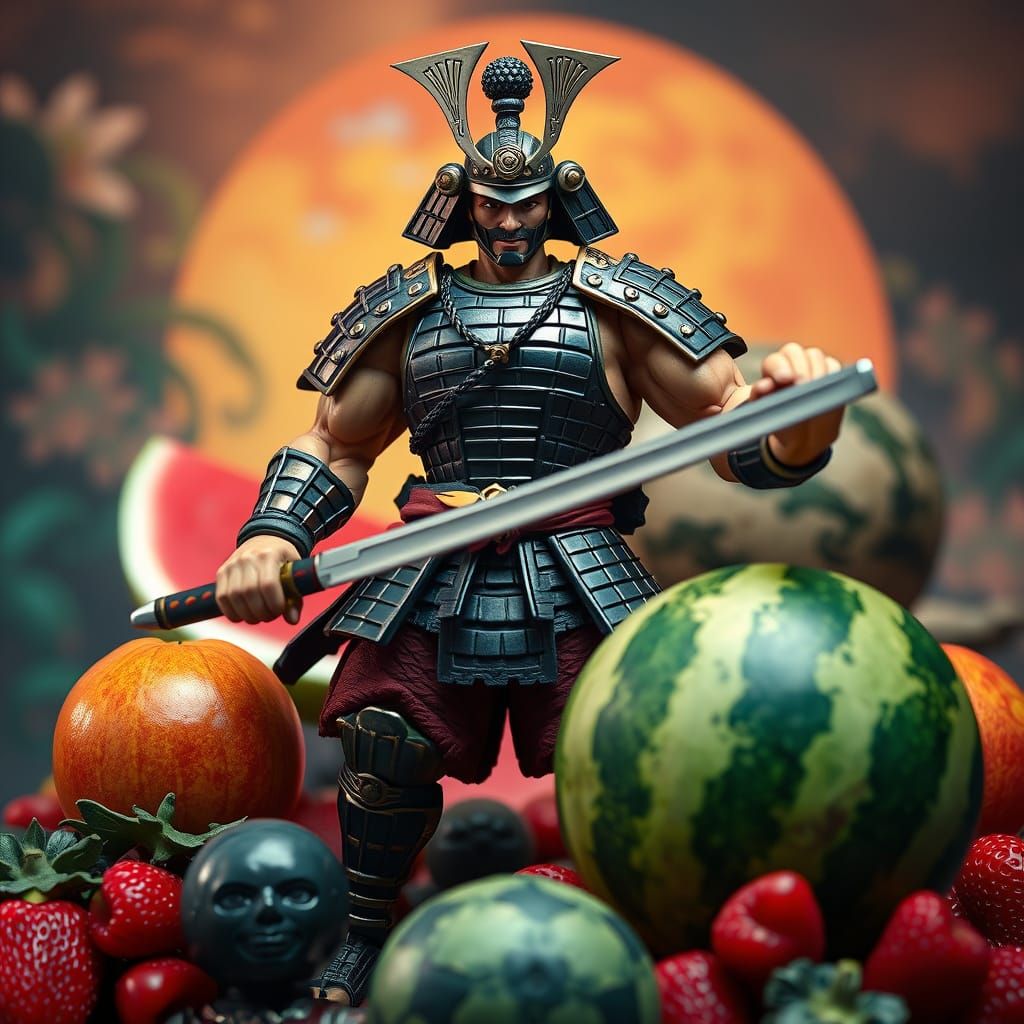 Hyper Realistic Samurai Hero with Fruity Allies