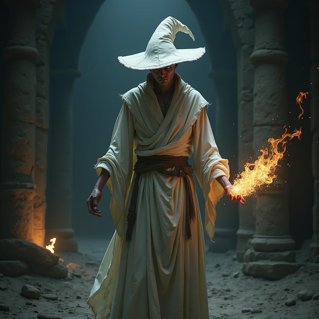 Young Mage Casting Spell in Dark Dungeon