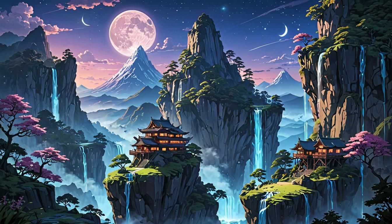 Mystical Anime Mountain Landscape in Digital Illustration St...