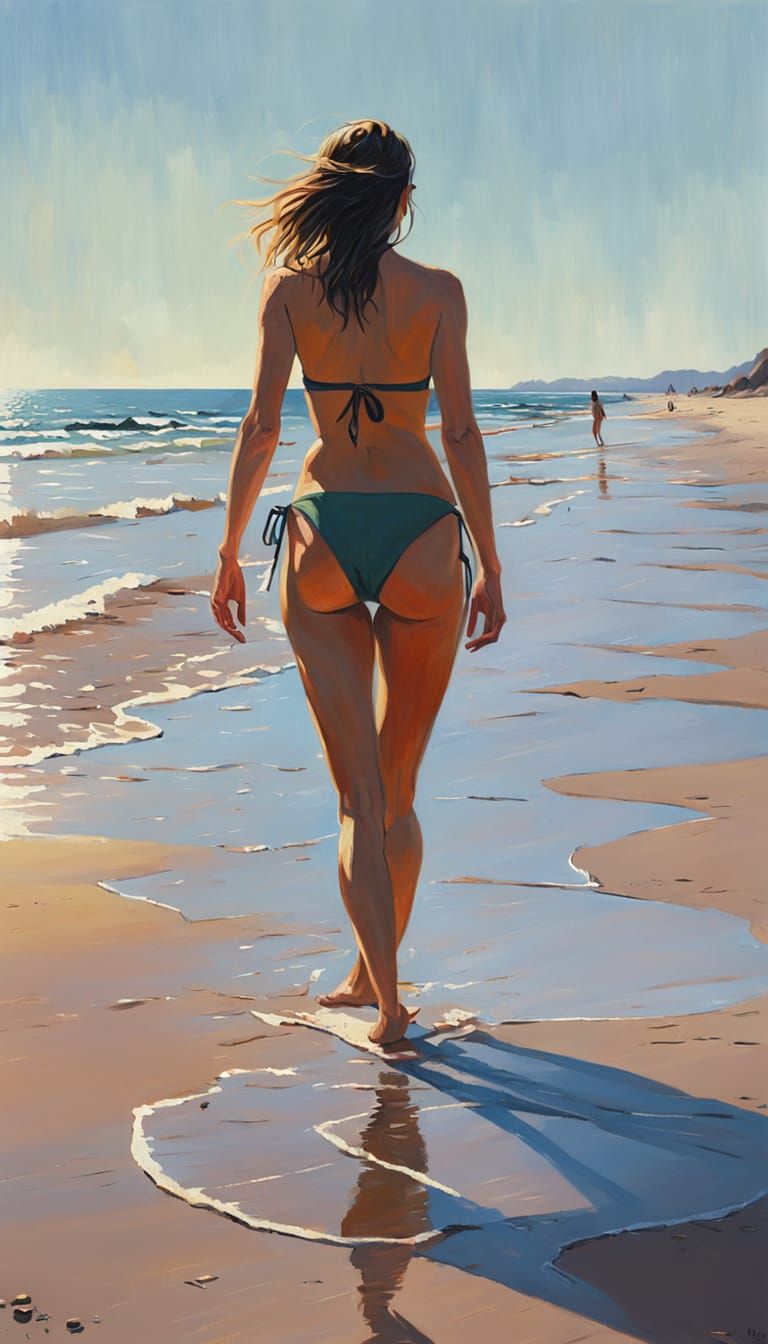 Woman on Beach in Impressionist Oil Painting Style