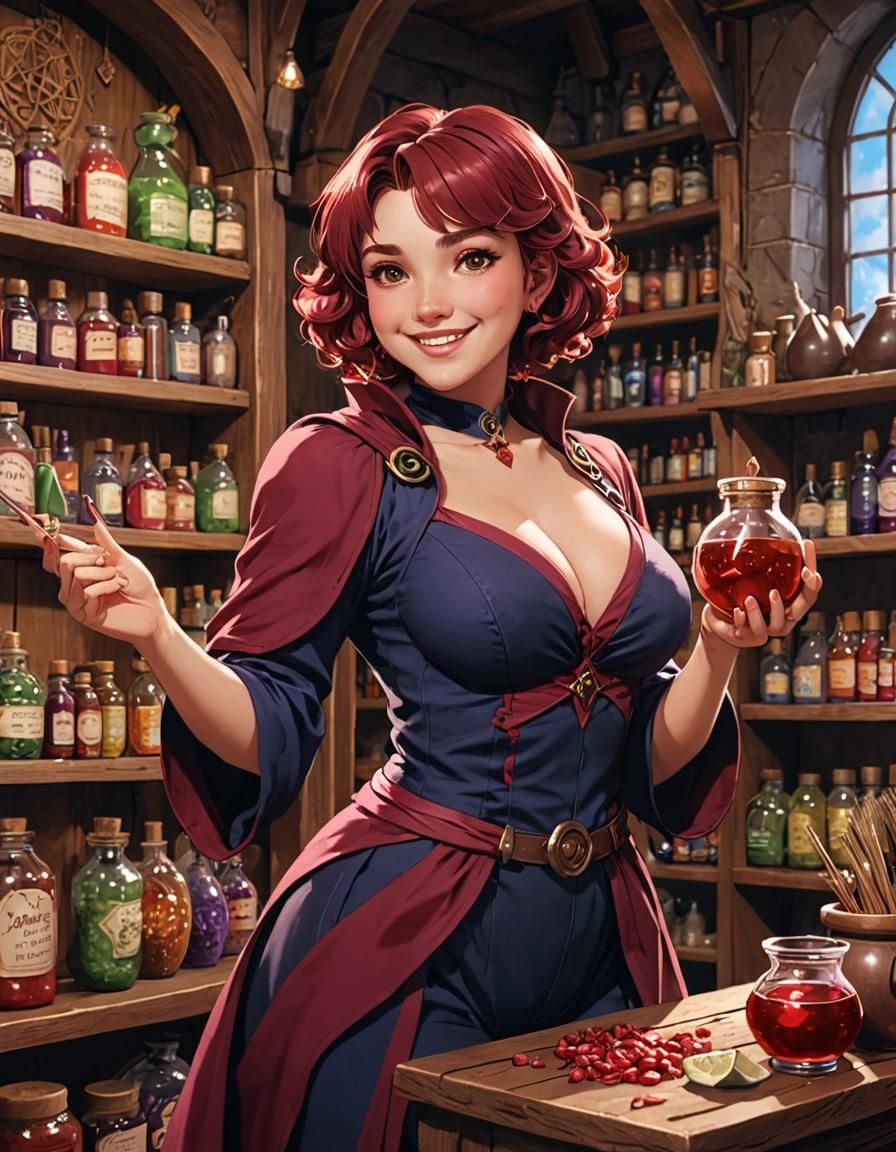 Curvy Sorceress Selling Potions in Manga Style