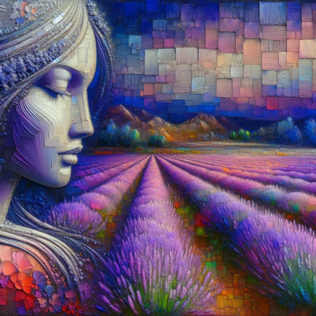 Lavender Field & Serene Woman, Sgraffito Oil Painting