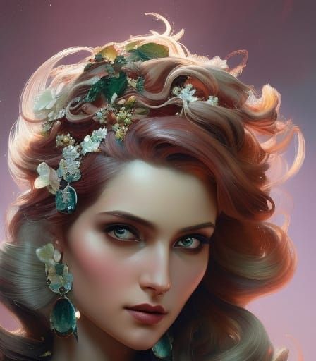 Red-Haired Fairy Portrait with Peacocks and Roses