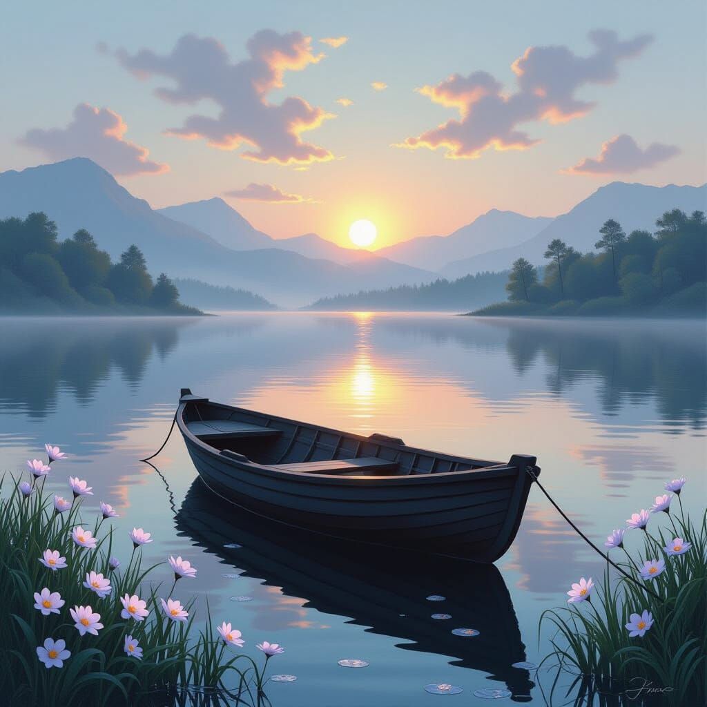 Weathered Boat on Misty Lake at Dawn in Renaissance Style