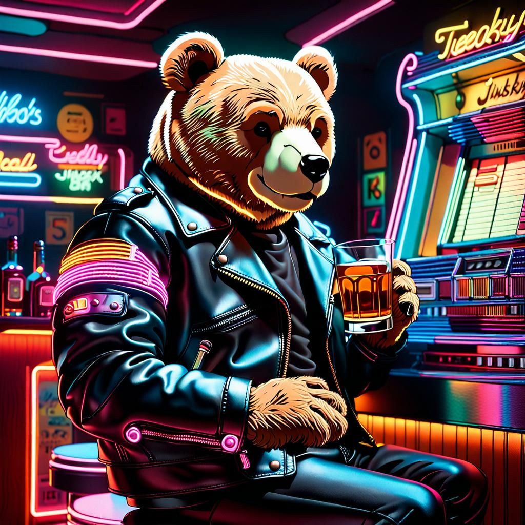 Teddy Bear Biker in 80s Retro Neon Bar