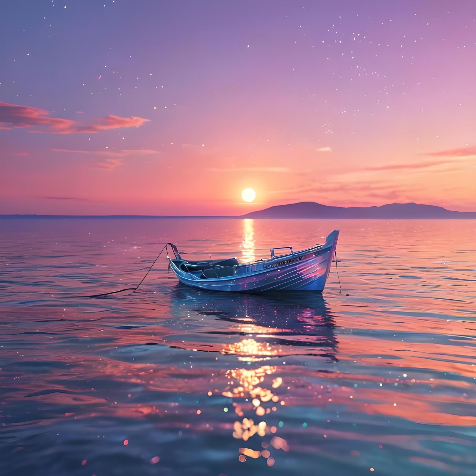 Ship in Peaceful Sea at Magical Sunset