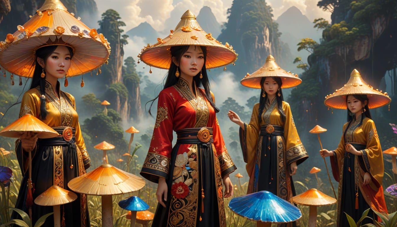 Shamanic Toadstool Gathering in Vibrant Hmong Landscapes