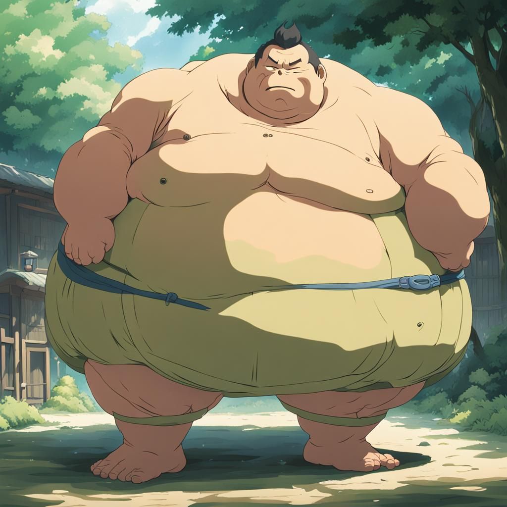 Sumo Wrestler Belly Inflation in Ghibli Anime Style