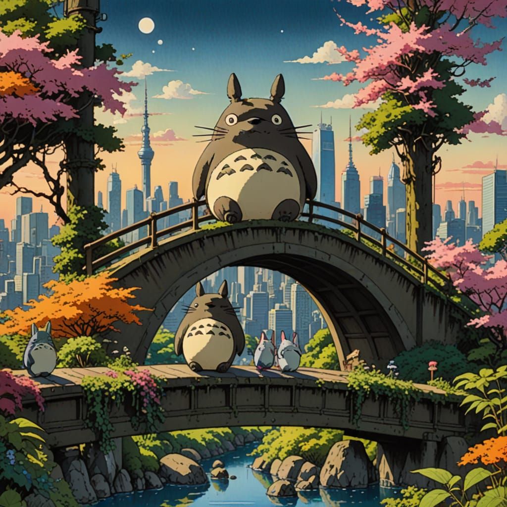 Totoro Overlooking Tokyo in Watercolor Comic Style